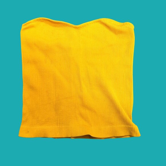 💛 ReVamped Yellow Ribbed Strapless Tube Top (XXS/XS) - Picture 2 of 5